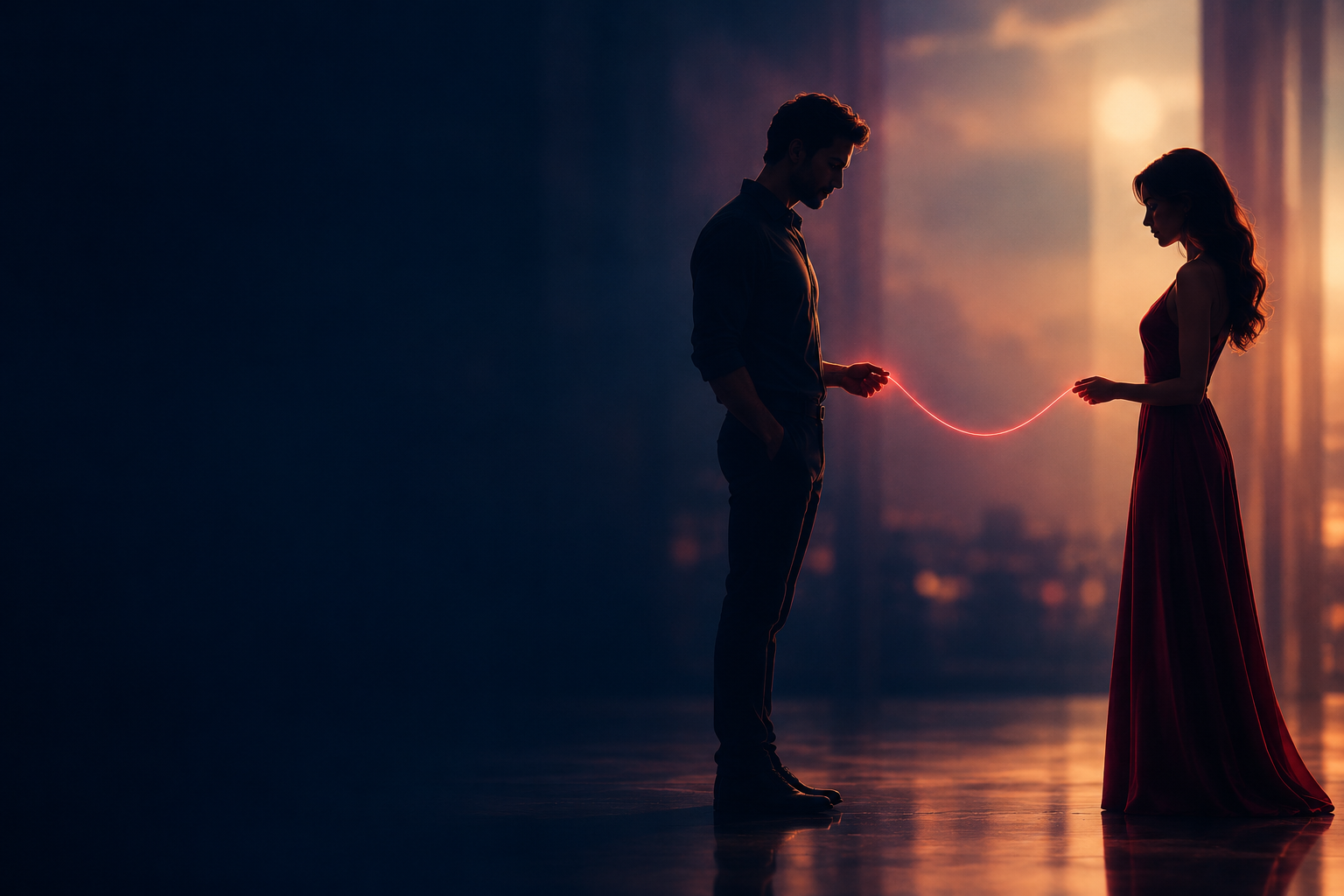 Two adults facing each other, connected by a glowing red thread in a warmly lit scene